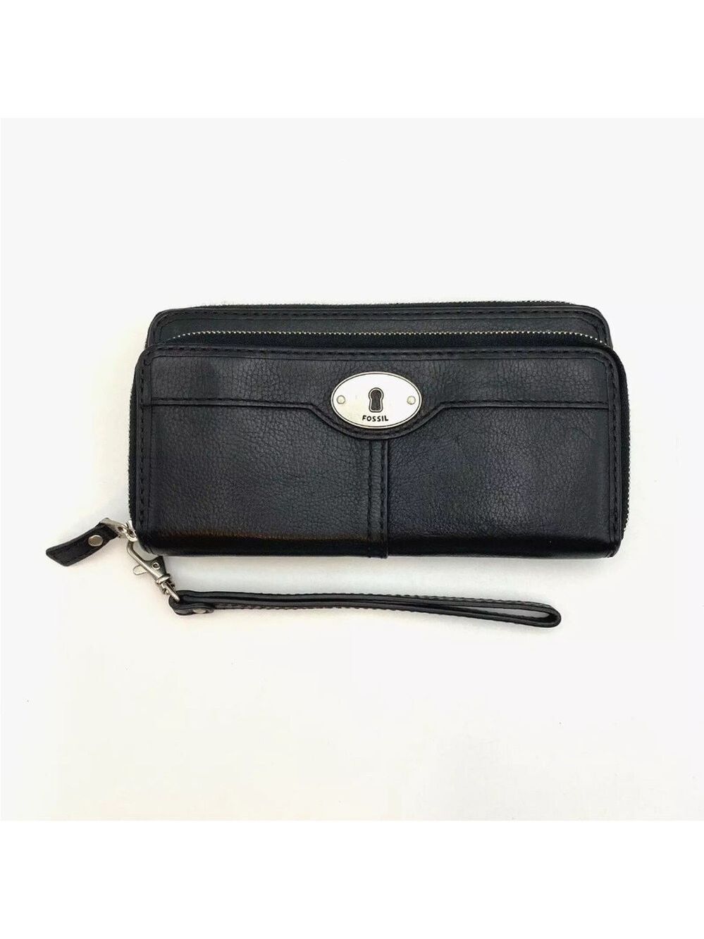 FOSSIL Black Cowhide Leather Clutch Wallet Keyhole Zip Around 8"x4.25"